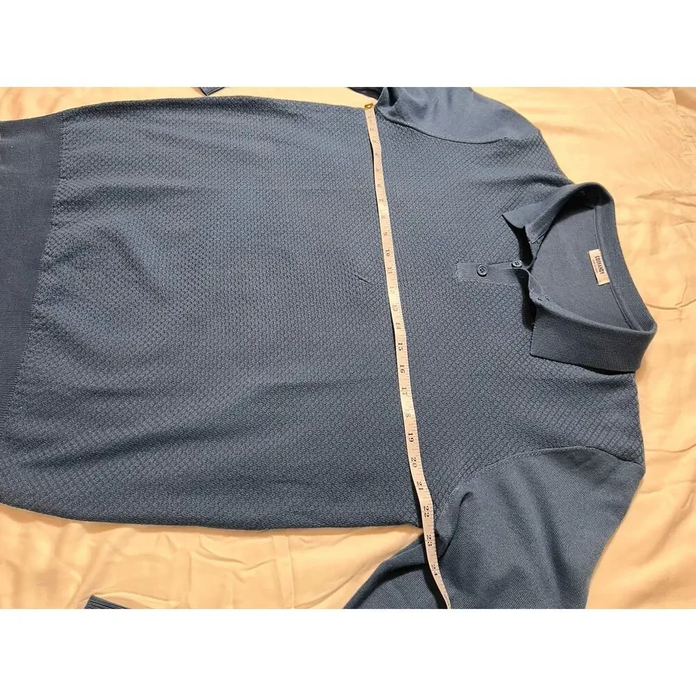 Men’s Blue‎ Long Sleeve Collared Knit Polo Sweater Textured Front Size Large